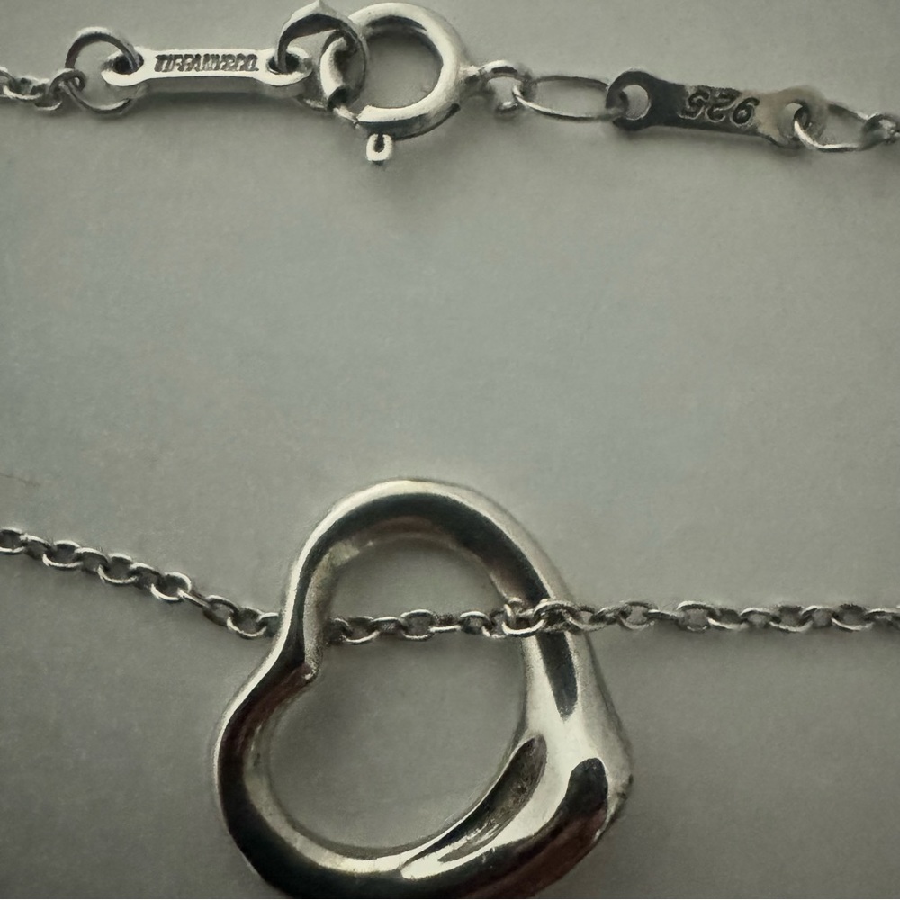 Tiffany Open Heart Necklace. 16” chain. 11mm heart pendant.